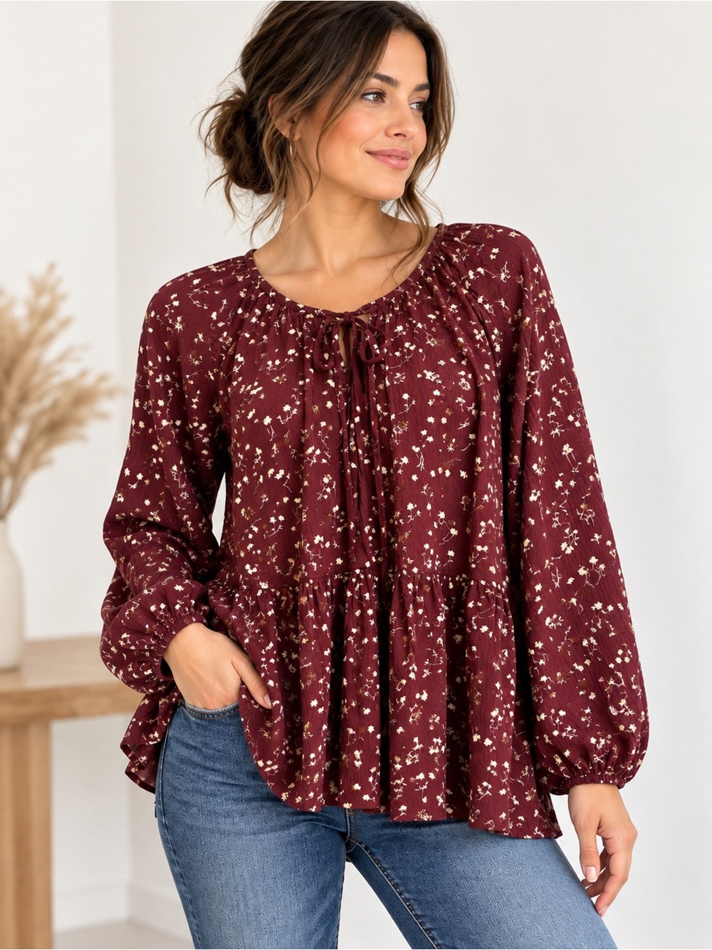 Lucky Brand XS Burgundy Floral Peasant Blouse Boho Lace Up Tiered Top